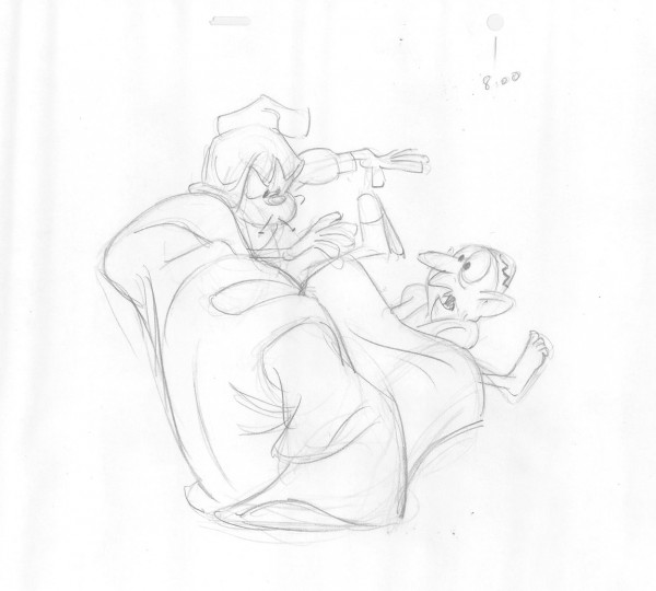 Pencil drawing of a rough animation test of the scene where the Cobbler and the Thief become tangled up.  From a rough animation test by legendary animator Art Babbitt.