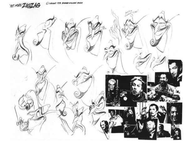 Model sheet of ZigZag, based on the voice of the character, actor Vincent Price.  Drawn by Richard Williams, 1979.