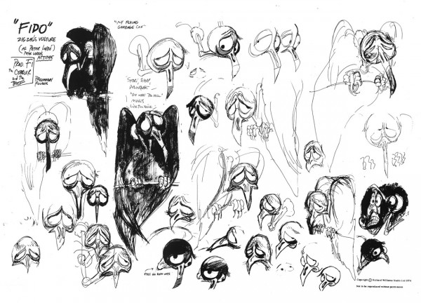 Model sheet of ZigZag's vulture, "Fido" (sometimes spelled "Phido"), drawn by Richard Williams, 1974