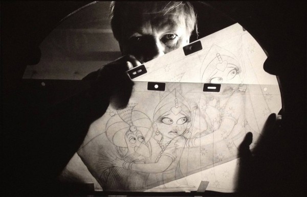 Photograph of Richard Williams animating a scene from "The Thief and the Cobbler," early 1992