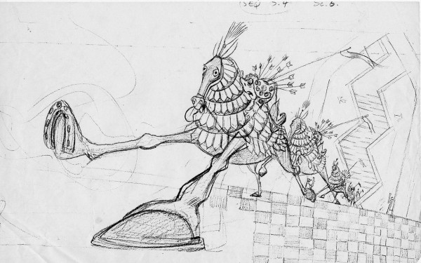Rough layout drawing of the Dying Soldier returning to the Golden City by Art Babbitt