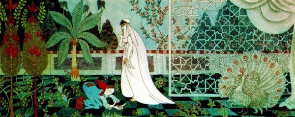 Early concept art by Errol Le Cain of the Cobbler and the Princess in her garden, 1973.