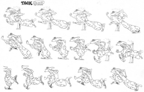 Model sheet / run cycle of Tack the Cobbler running in the famous Escher chase sequence, 1990-91